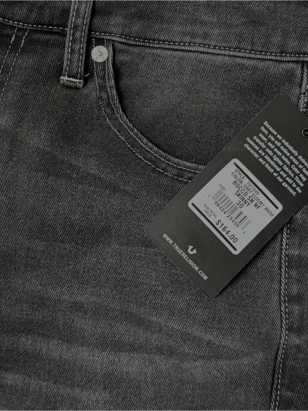 True Religion Men’s Black-Wash Jeans with logo on back pockets - NWT